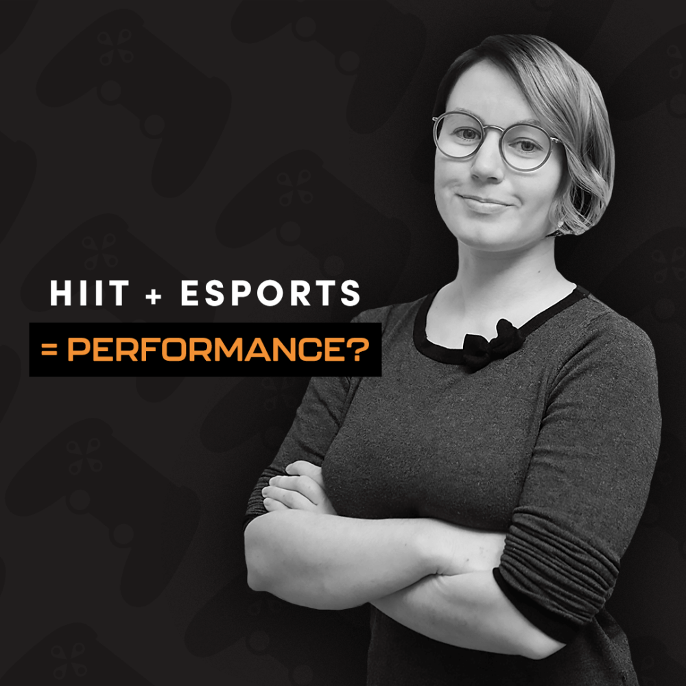 Liikuntafysiologi Kia Pakarinen ja teksti "Hiit + Esports = performance?"